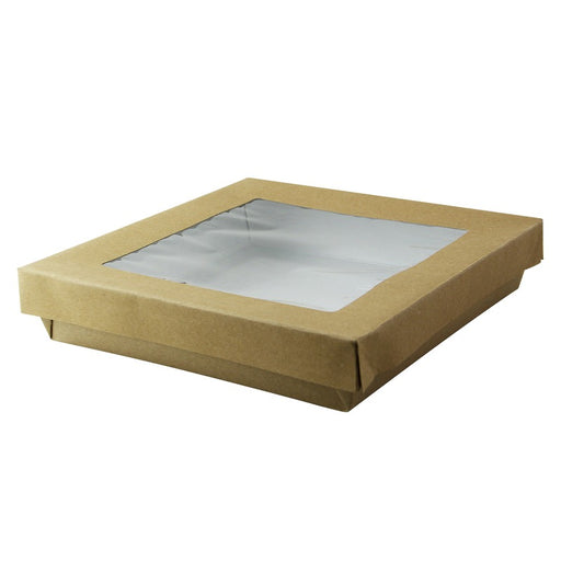 Boîte "Kray" carrée carton brun avec couvercle à fenêtre 205x205mm H40mm 1000ml-200Pcs