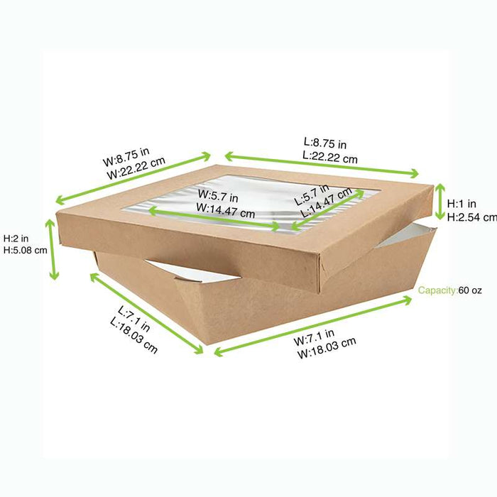 Boite "Kray" carrée carton brun avec couvercle à fenêtre  205x205mm H50mm 1 550ml - 200Pcs