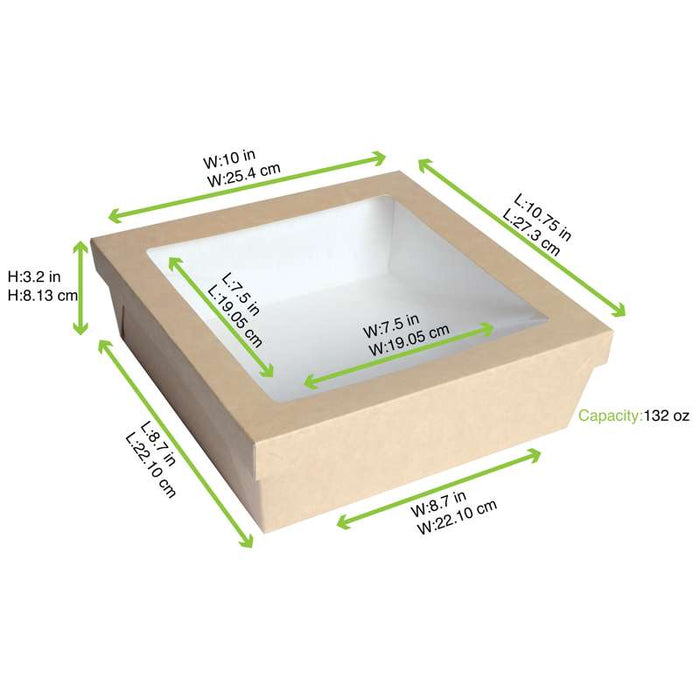 Boîte "Kray" carrée carton brun avec couvercle à fenêtre 245x245mm H80mm 4 200ml - 100Pcs