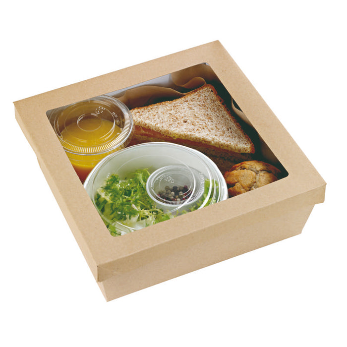 Boîte "Kray" carrée carton brun avec couvercle à fenêtre 245x245mm H80mm 4 200ml - 100Pcs