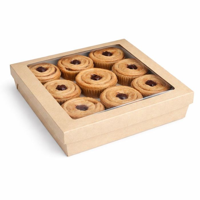 Boîte "Kray" carrée carton brun avec couvercle à fenêtre 245x245mm H80mm 4 200ml - 100Pcs