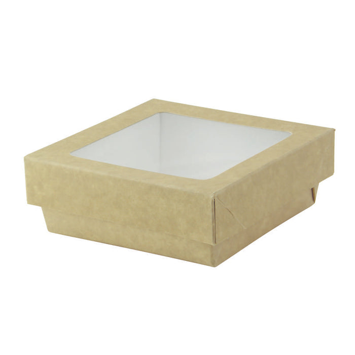 Boîte "Kray" carrée carton brun avec couvercle à fenêtre 265x265mm H50mm 3000ml - 100Pcs