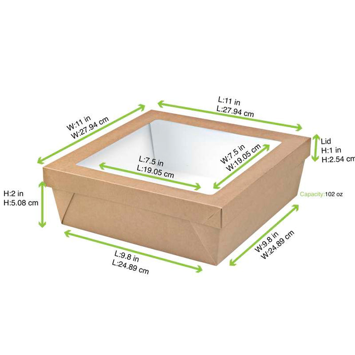 Boîte "Kray" carrée carton brun avec couvercle à fenêtre 265x265mm H50mm 3000ml - 100Pcs