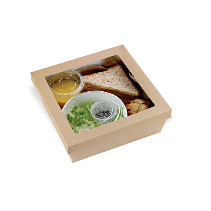 Boîte "Kray" carrée carton brun avec couvercle à fenêtre 265x265mm H50mm 3000ml - 100Pcs