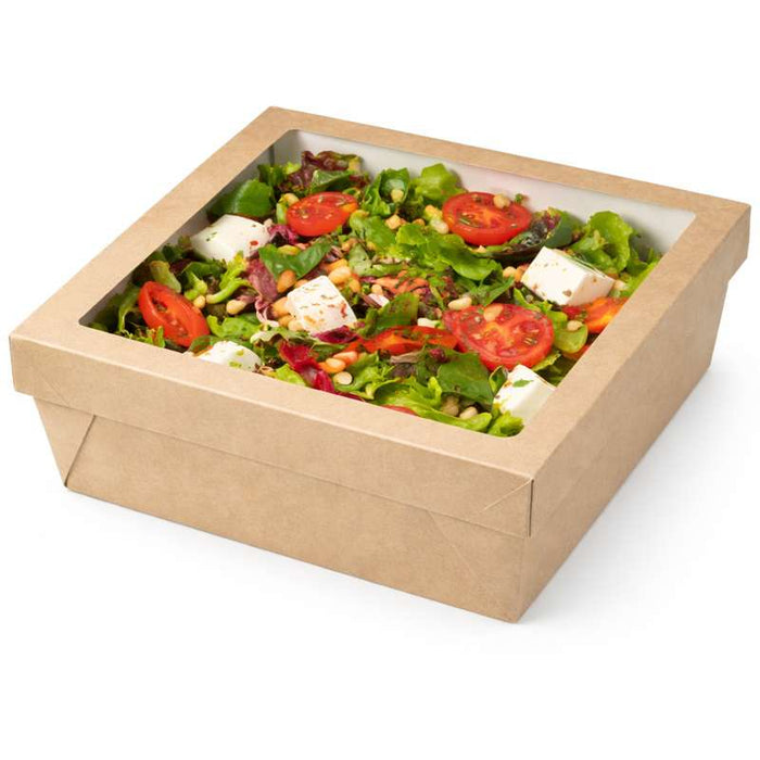 Boîte "Kray" carrée carton brun avec couvercle à fenêtre 265x265mm H50mm 3000ml - 100Pcs