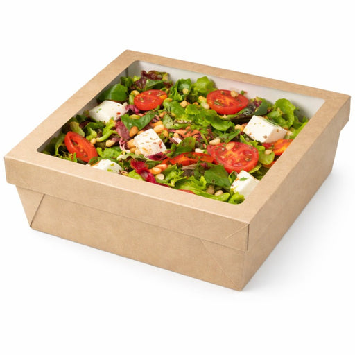 Boîte "Kray" carrée carton brun avec couvercle à fenêtre 265x265mm H50mm 3000ml - 100Pcs