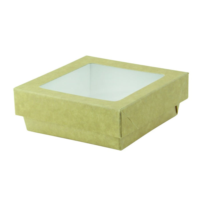Boîte "Kray" carrée carton brun avec couvercle à fenêtre 265x265mm H50mm 3000ml - 100Pcs