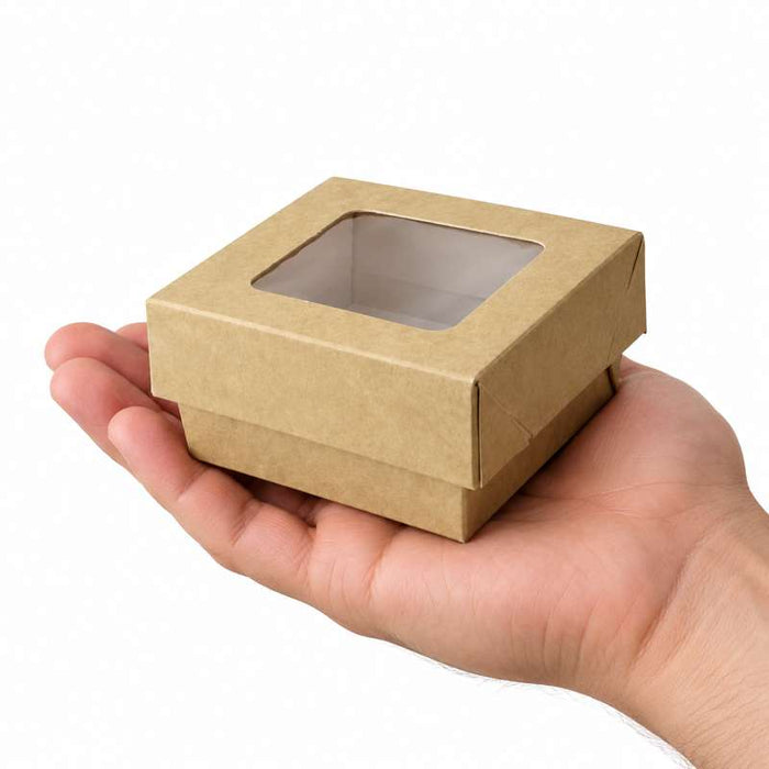 Boîte "Kray" carrée carton brun avec couvercle à fenêtre 85x85mm H40mm 200ml - 250Pcs