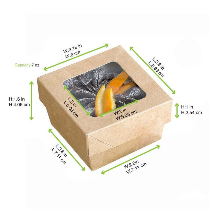 Boîte "Kray" carrée carton brun avec couvercle à fenêtre 85x85mm H40mm 200ml - 250Pcs
