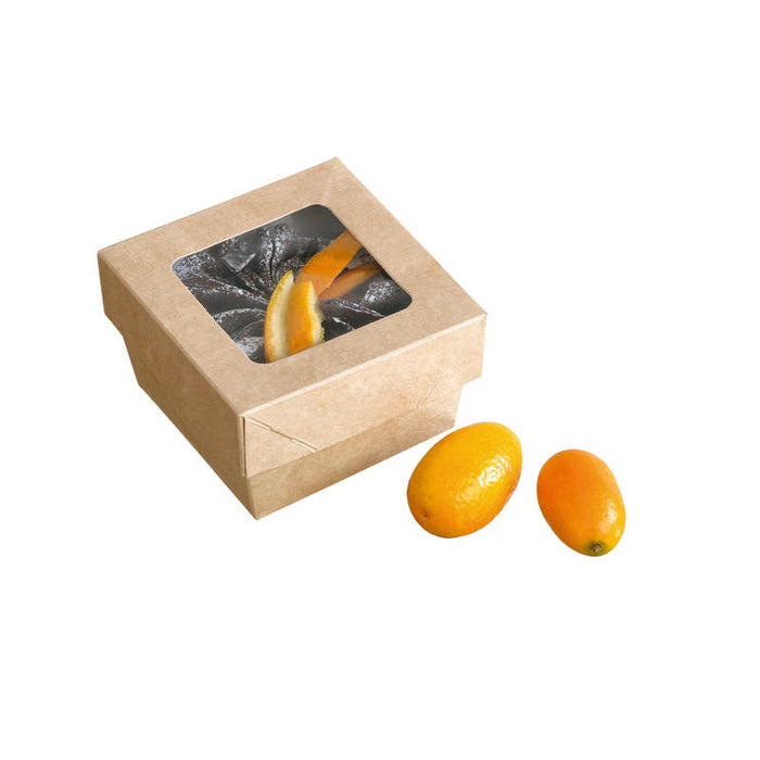 Boîte "Kray" carrée carton brun avec couvercle à fenêtre 85x85mm H40mm 200ml - 250Pcs