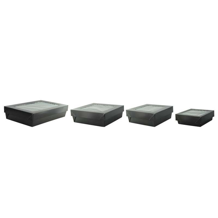 Boîte carrée "Kray" noire en carton avec couvercle à fenêtre 115x115mm H40mm 350ml - 100Pcs