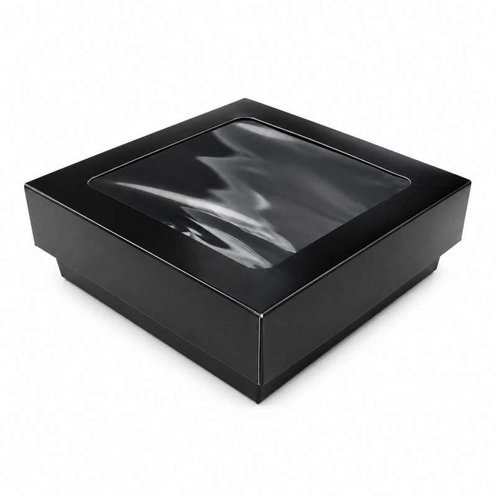 Boîte carrée "Kray" noire en carton avec couvercle à fenêtre 115x115mm H40mm 350ml - 100Pcs