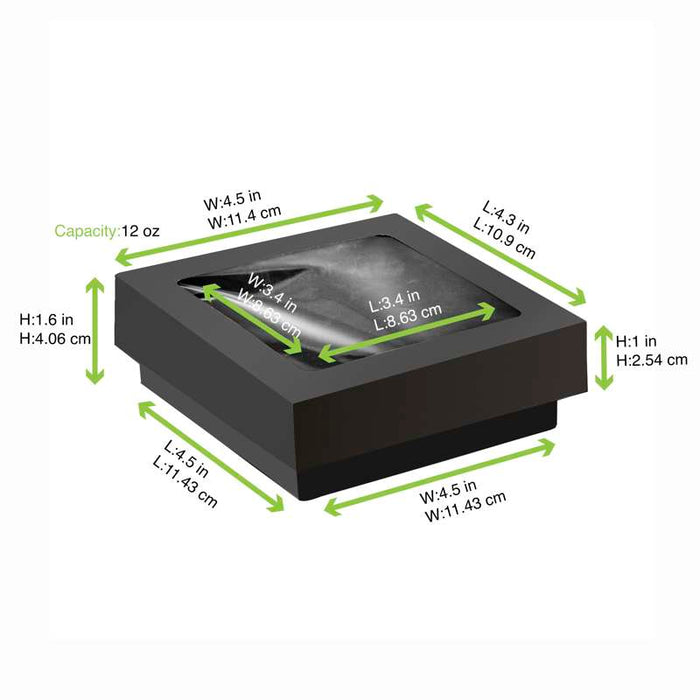Boîte carrée "Kray" noire en carton avec couvercle à fenêtre 115x115mm H40mm 350ml - 100Pcs