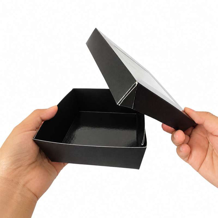 Boîte "Kray" carrée carton noir avec couvercle à fenêtre 135x135mm H50mm 700ml - 100Pcs