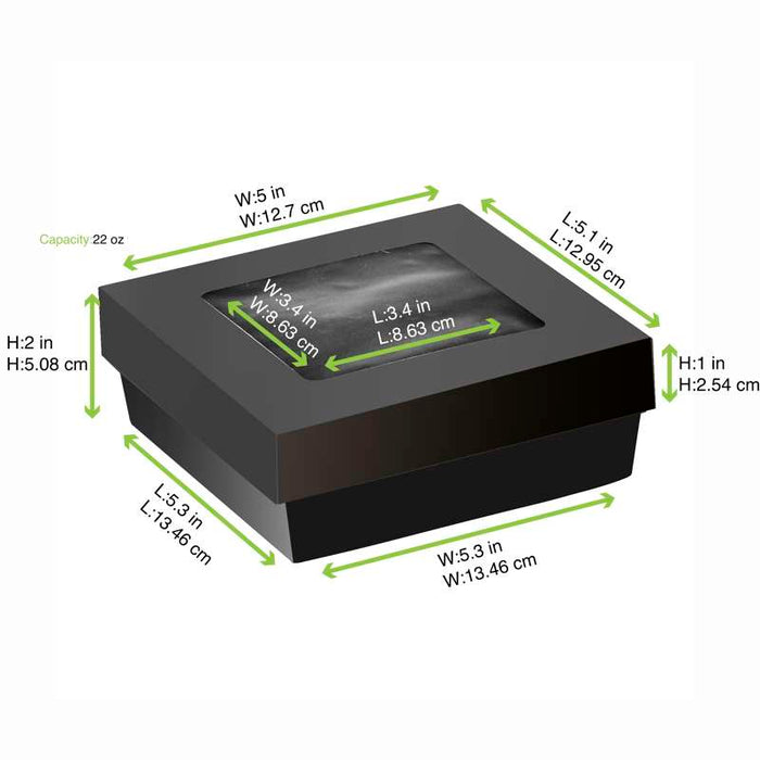 Boîte "Kray" carrée carton noir avec couvercle à fenêtre 135x135mm H50mm 700ml - 100Pcs