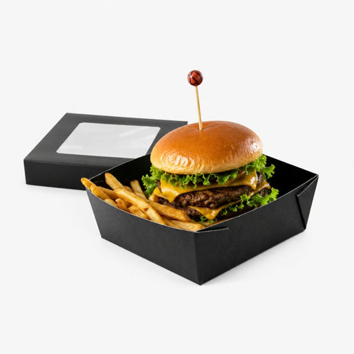 Boîte "Kray" carrée carton noir avec couvercle à fenêtre 135x135mm H50mm 700ml - 100Pcs