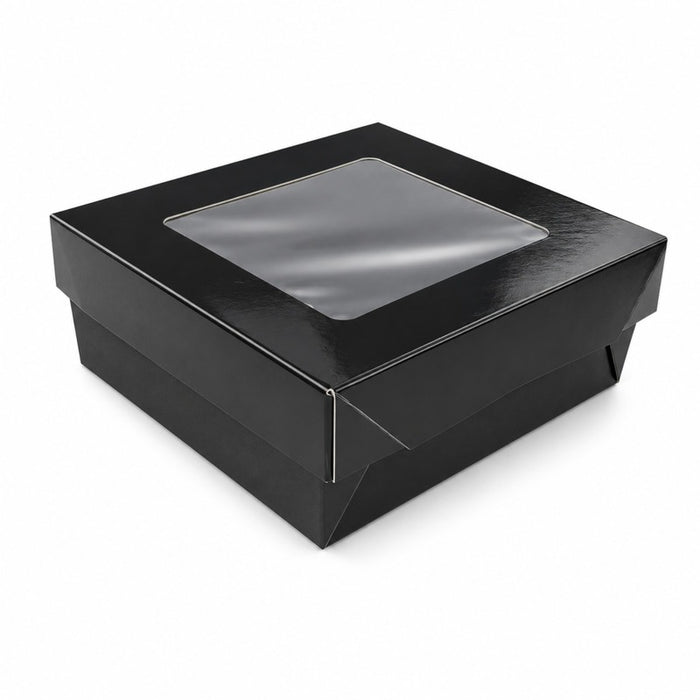 Boîte "Kray" carrée carton noir avec couvercle à fenêtre 135x135mm H50mm 700ml - 100Pcs