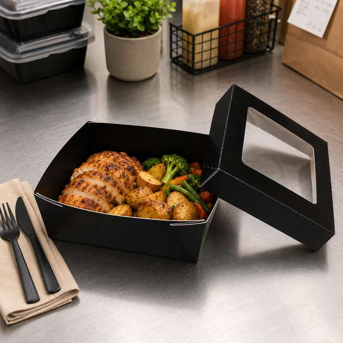 Boîte "Kray" carrée carton noir avec couvercle à fenêtre 155x155mm H50mm 950ml - 100Pcs