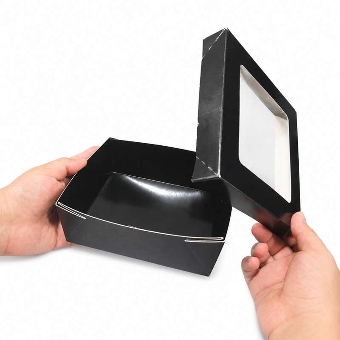 Boîte "Kray" carrée carton noir avec couvercle à fenêtre 155x155mm H50mm 950ml - 100Pcs