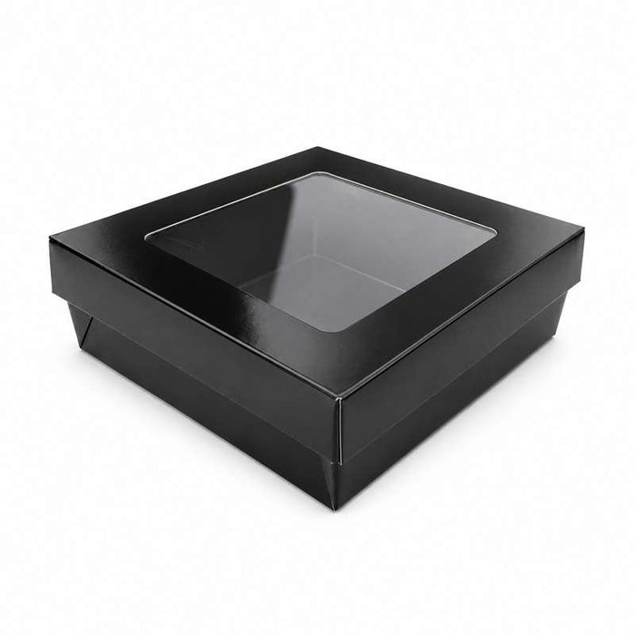 Boîte "Kray" carrée carton noir avec couvercle à fenêtre 155x155mm H50mm 950ml - 100Pcs