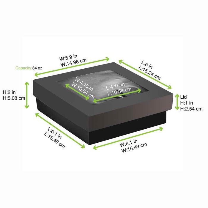 Boîte "Kray" carrée carton noir avec couvercle à fenêtre 155x155mm H50mm 950ml - 100Pcs