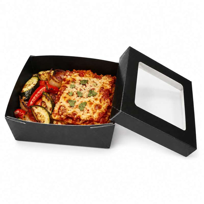 Boîte "Kray" carrée carton noir avec couvercle à fenêtre 155x155mm H50mm 950ml - 100Pcs