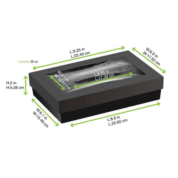Boite "Kray" rectangulaire carton noir avec couvercle à fenêtre  225x155mm H50mm - 100Pcs