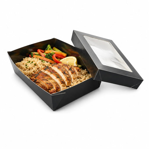 Boite "Kray" rectangulaire carton noir avec couvercle à fenêtre  225x155mm H50mm - 100Pcs