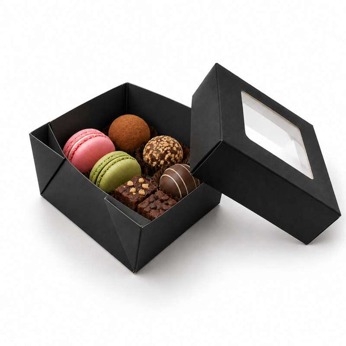 Boîte carrée "Kray" en carton noir à couvercle fenêtre 85x85mm H40mm 200ml - 100Pcs