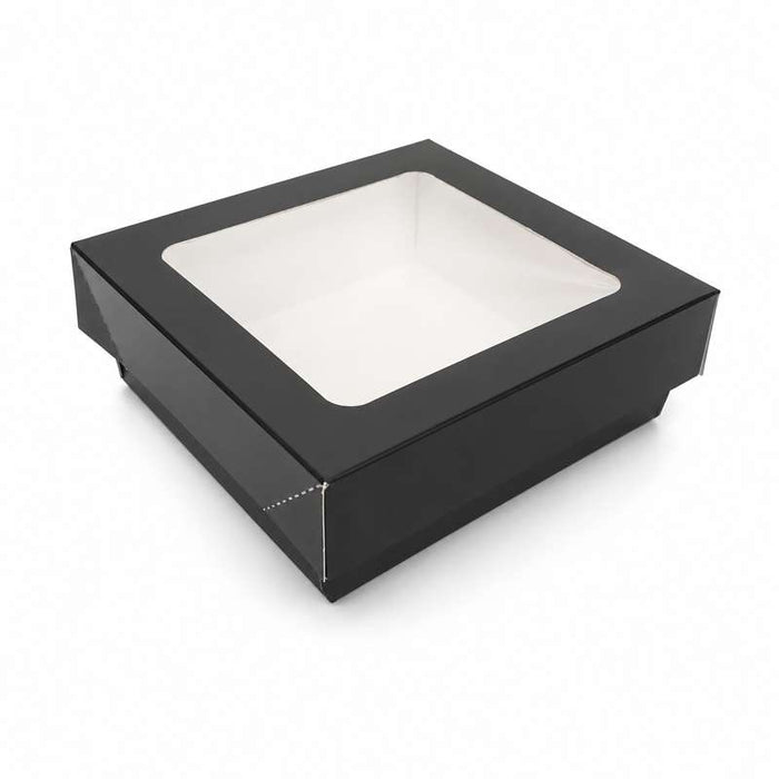 Boîte carrée "Kray" en carton noir à intérieur blanc avec couvercle fenêtre 115x115mm H40mm 350ml - 250Pcs