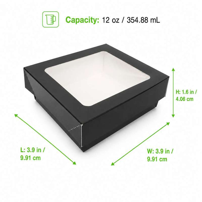 Boîte carrée "Kray" en carton noir à intérieur blanc avec couvercle fenêtre 115x115mm H40mm 350ml - 250Pcs