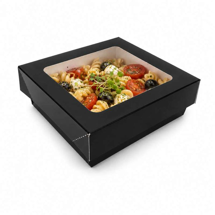 Boîte carrée "Kray" en carton noir à intérieur blanc avec couvercle fenêtre 115x115mm H40mm 350ml - 250Pcs