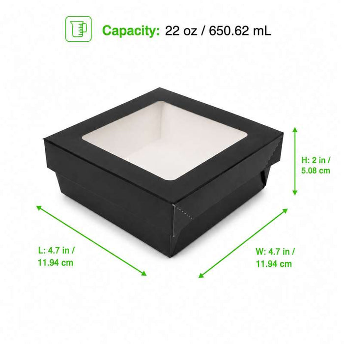 Boîte carrée "Kray" noire à couvercle fenêtre, intérieur blanc 135x135mm H50mm 700ml - 250Pcs