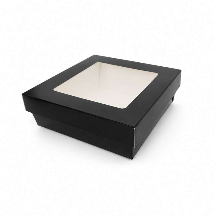 Boîte carrée "Kray" en carton noir à couvercle fenêtre 155x155mm H53mm 950ml - 250Pcs