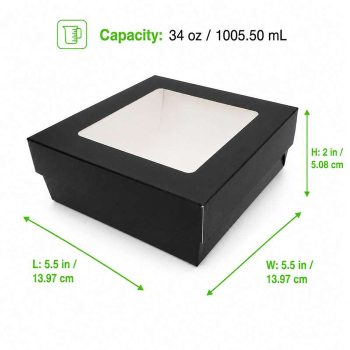 Boîte carrée "Kray" en carton noir à couvercle fenêtre 155x155mm H53mm 950ml - 250Pcs