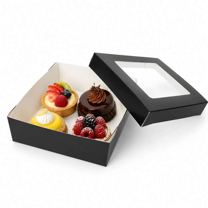 Boîte carrée "Kray" en carton noir à couvercle fenêtre 155x155mm H53mm 950ml - 250Pcs