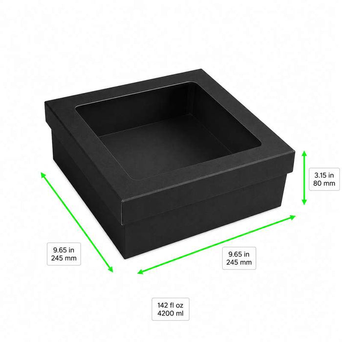 Boîte carrée "Kray" noire en carton à couvercle fenêtre 245x245mm H80mm 4000ml - 100Pcs