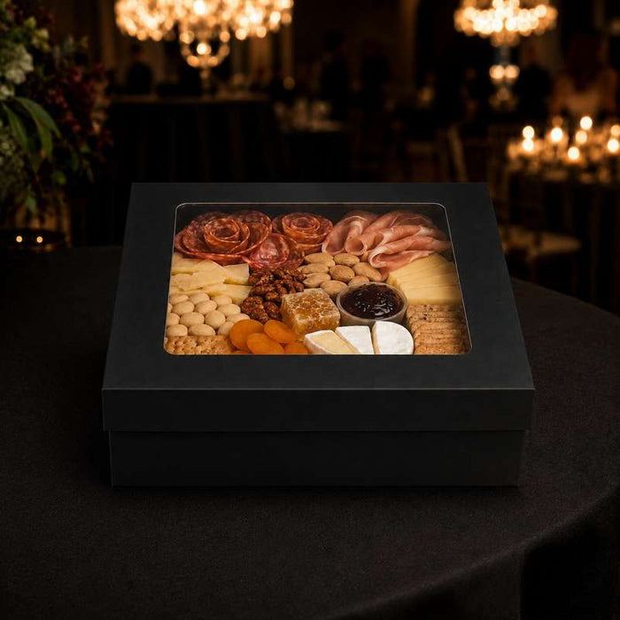 Boîte carrée "Kray" noire en carton avec couvercle à fenêtre 265x265mm H50mm 3000ml - 100Pcs