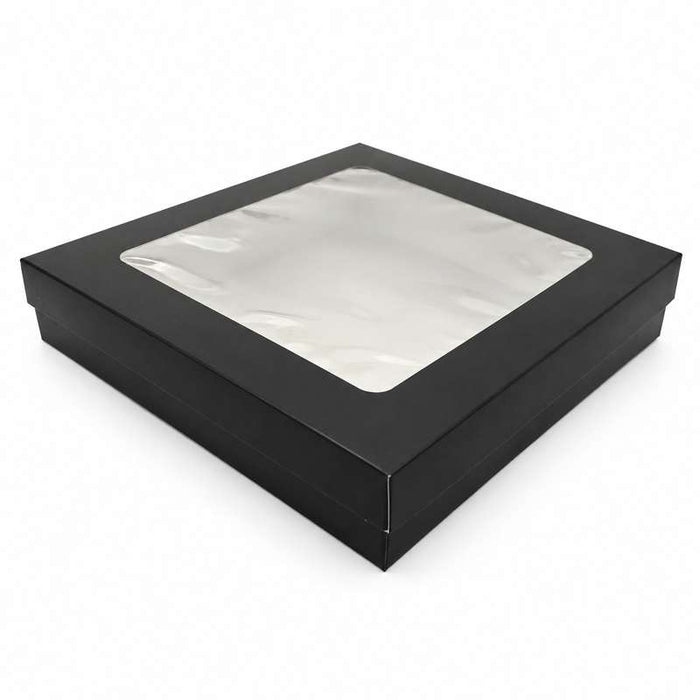 Boîte carrée "Kray" noire en carton avec couvercle à fenêtre 265x265mm H50mm 3000ml - 100Pcs