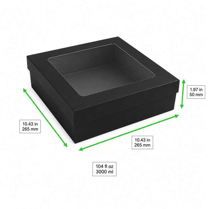 Boîte carrée "Kray" noire en carton avec couvercle à fenêtre 265x265mm H50mm 3000ml - 100Pcs