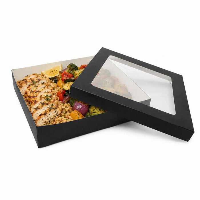 Boîte carrée "Kray" noire en carton avec couvercle à fenêtre 265x265mm H50mm 3000ml - 100Pcs