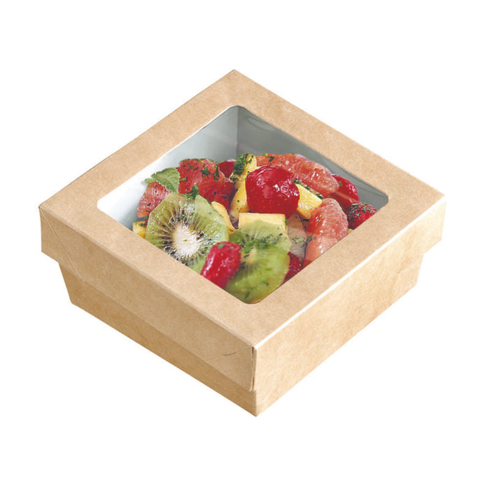 Boite "Kray" carrée carton brun avec couvercle à fenêtre en PLA  135x135mm H50mm 700ml - 250Pcs