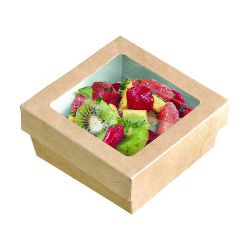 Boite "Kray" carrée carton brun avec couvercle à fenêtre en PLA  135x135mm H50mm 700ml - 250Pcs