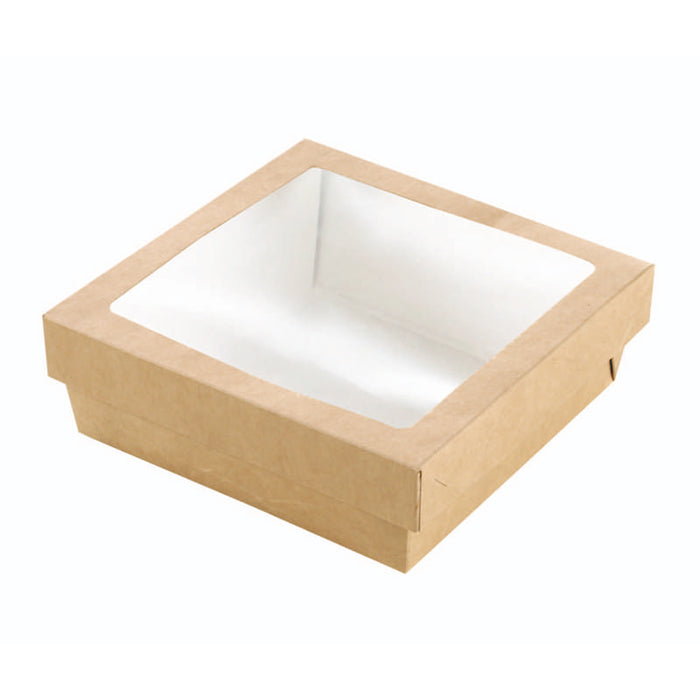 Boite "Kray" carrée carton brun avec couvercle à fenêtre en PLA  155x155mm H50mm 900ml - 250Pcs