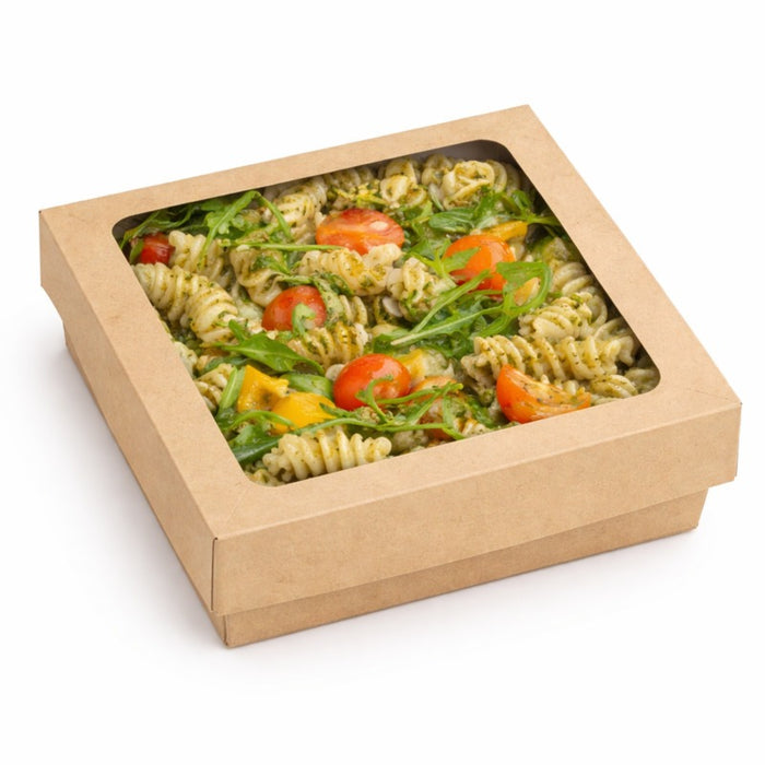 Boite "Kray" carrée carton brun avec couvercle à fenêtre en PLA  155x155mm H50mm 900ml - 250Pcs
