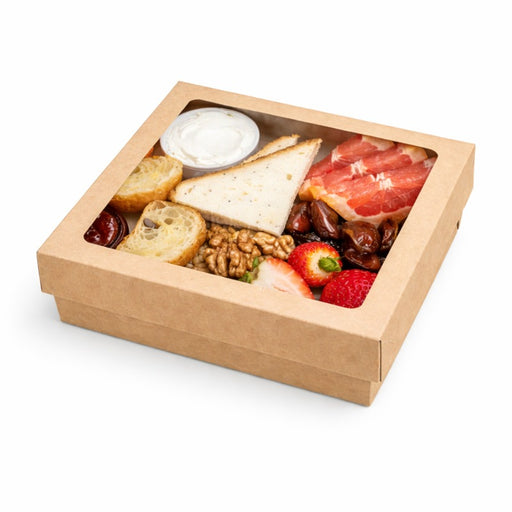Boite "Kray" carrée carton brun avec couvercle à fenêtre en PLA  205x205mm H40mm 1300ml - 200Pcs