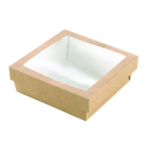 Boite "Kray" carrée carton brun avec couvercle à fenêtre en PLA  205x205mm H40mm 1300ml - 200Pcs