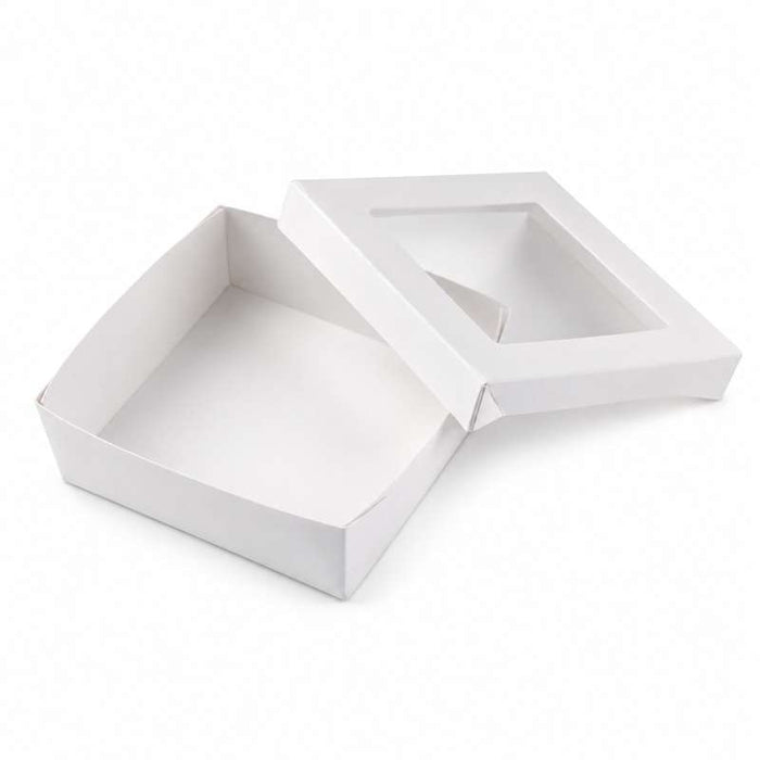 Boite "Kray" carrée carton blanc avec couvercle à fenêtre en PLA  135x135mm H50mm 700ml - 250Pcs
