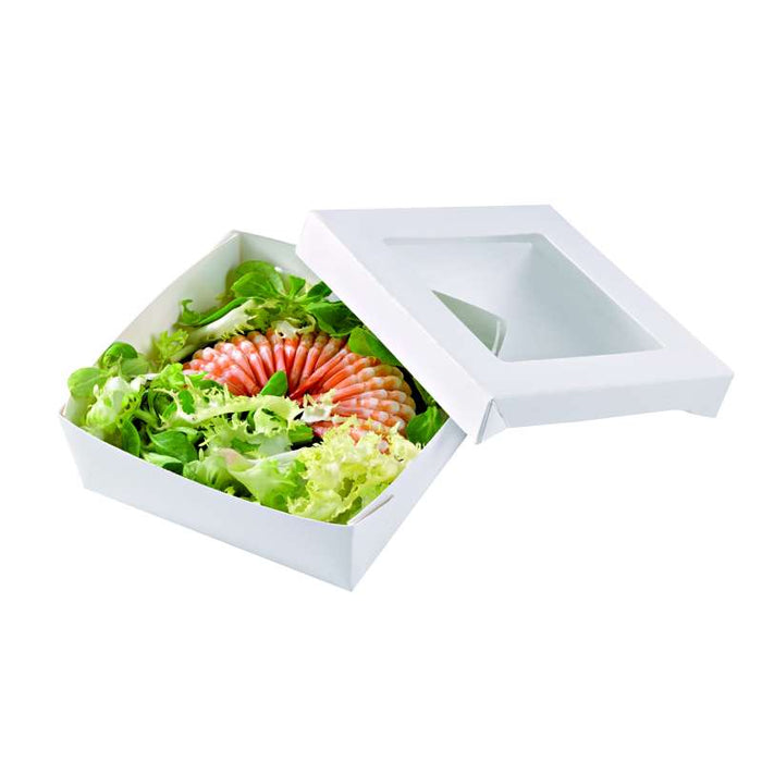 Boite "Kray" carrée carton blanc avec couvercle à fenêtre en PLA  135x135mm H50mm 700ml - 250Pcs