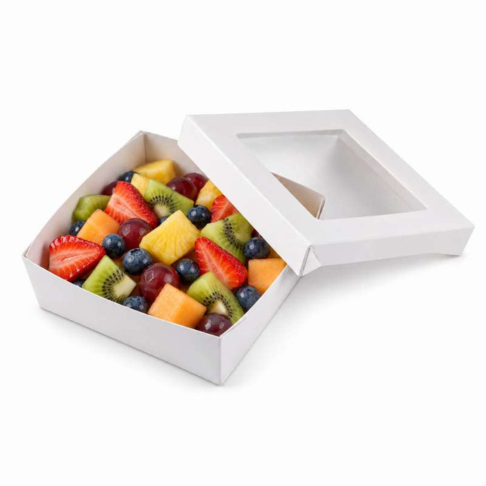 Boite "Kray" carrée carton blanc avec couvercle à fenêtre en PLA  135x135mm H50mm 700ml - 250Pcs